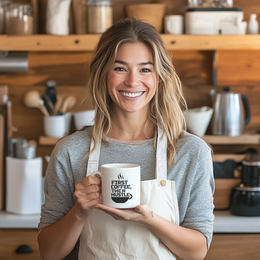 "First Coffee, Then Hustle" Ceramic Mug (11oz & 15oz)