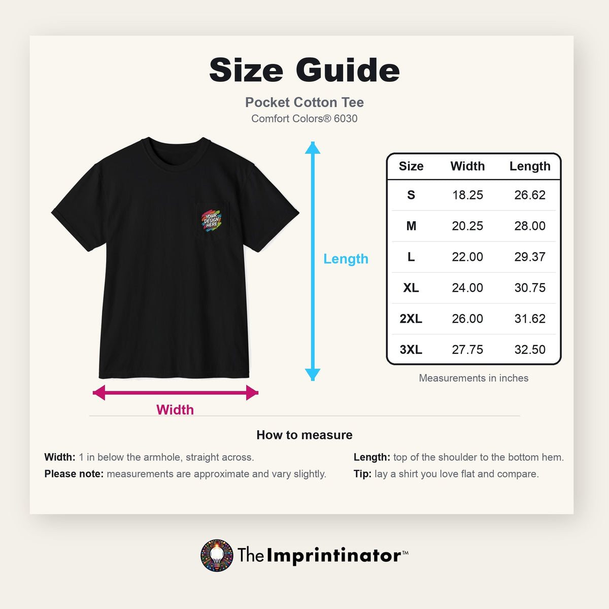 Pocket Cotton Tee size guide — Comfort Colors® 6030: flat product photo with width and length arrows beside a table of measurements in inches for sizes S to 3XL, with how-to-measure notes.