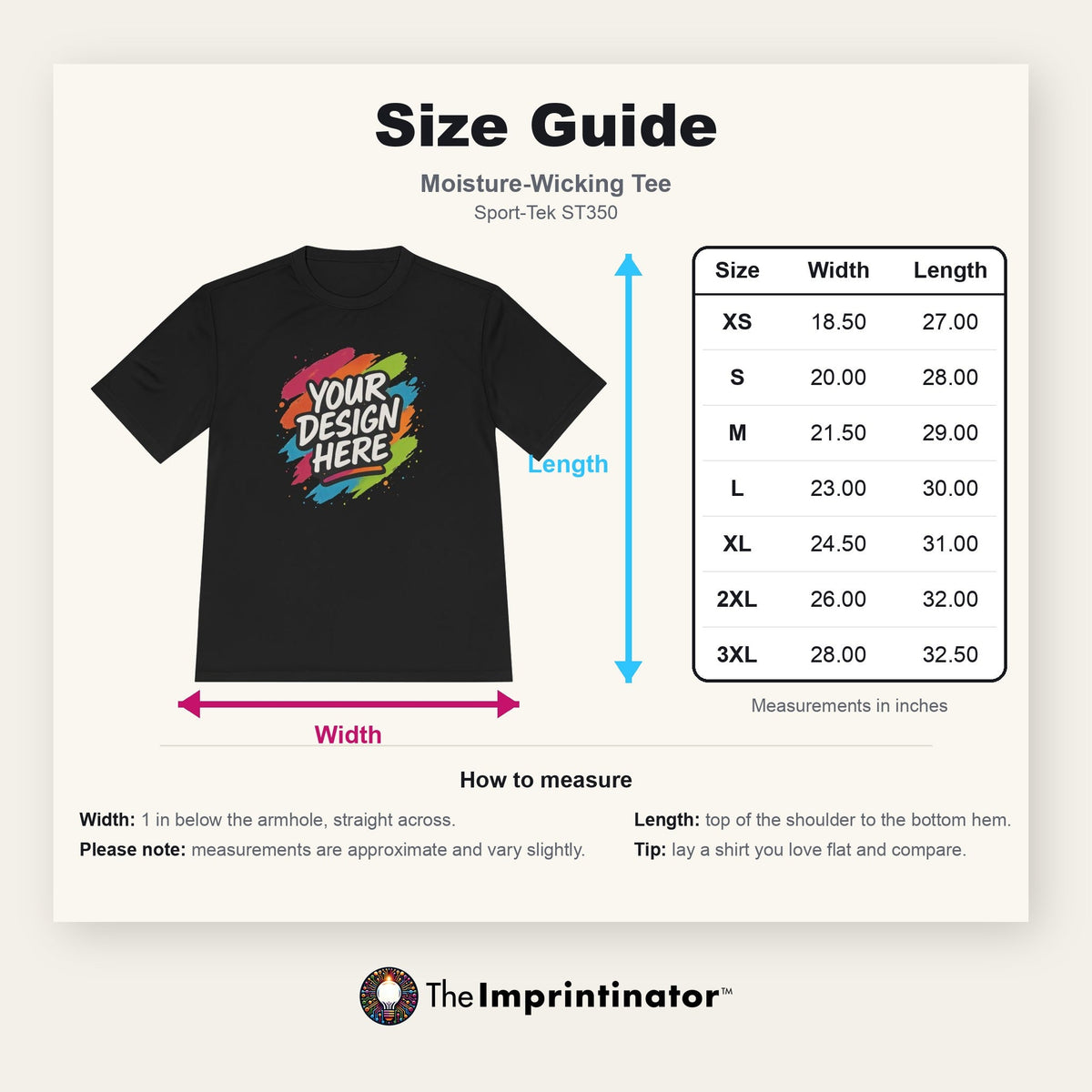 Moisture-Wicking Tee size guide — Sport-Tek ST350: flat product photo with width and length arrows beside a table of measurements in inches for sizes XS to 3XL, with how-to-measure notes.