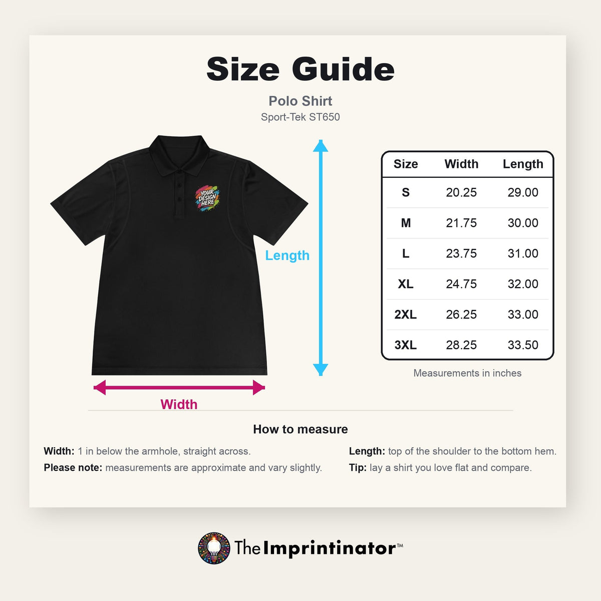 Polo Shirt size guide — Sport-Tek ST650: flat product photo with width and length arrows beside a table of measurements in inches for sizes S to 3XL, with how-to-measure notes.