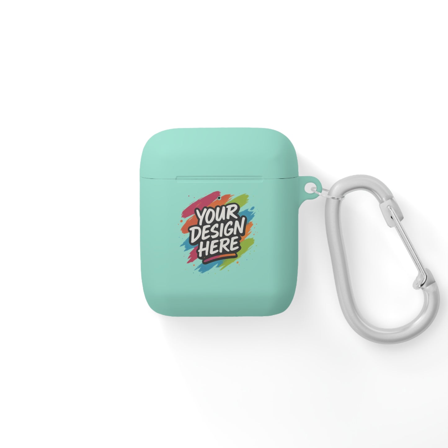Mint green air pod case with a carabiner on a white background