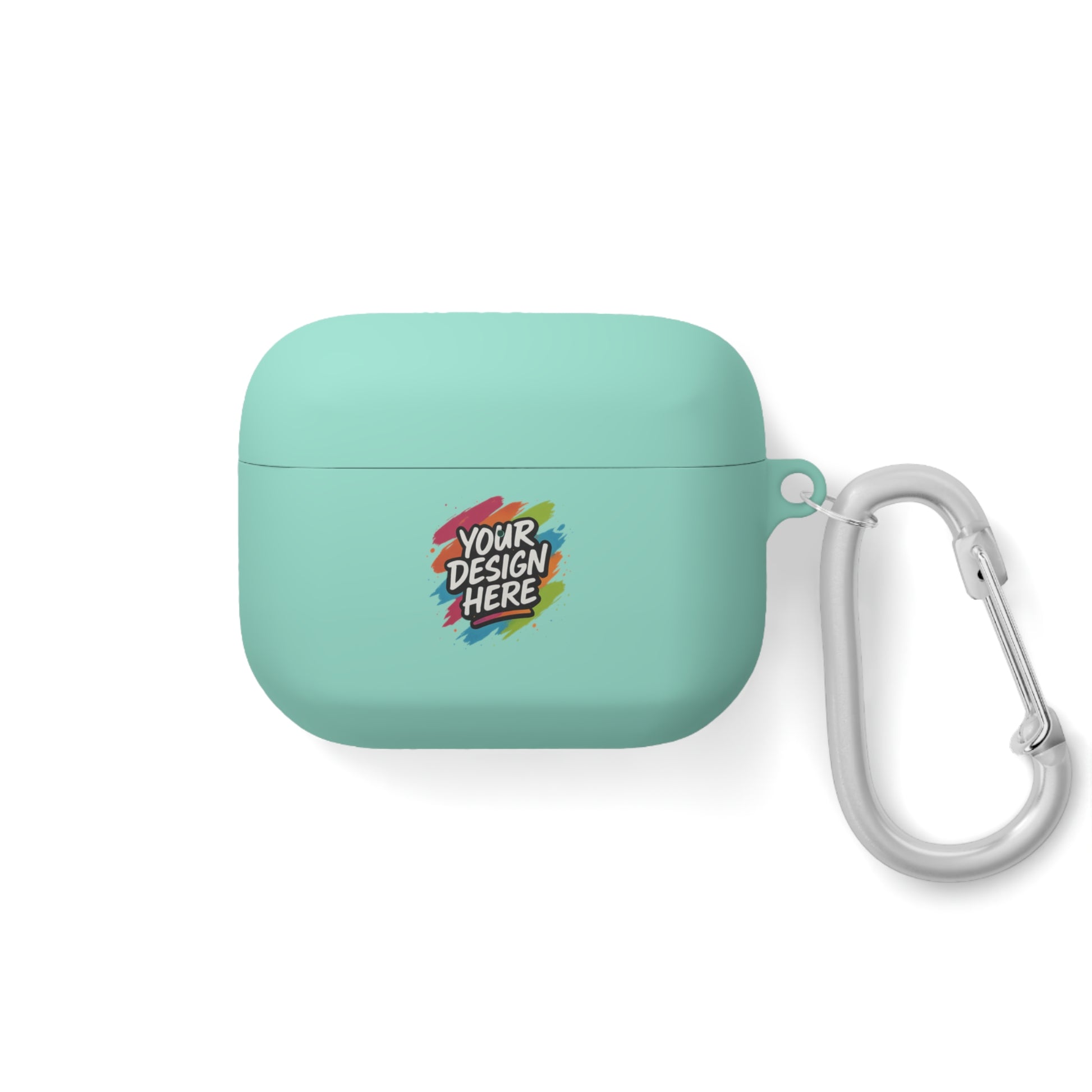 Mint green airpod case with a carabiner on a white background