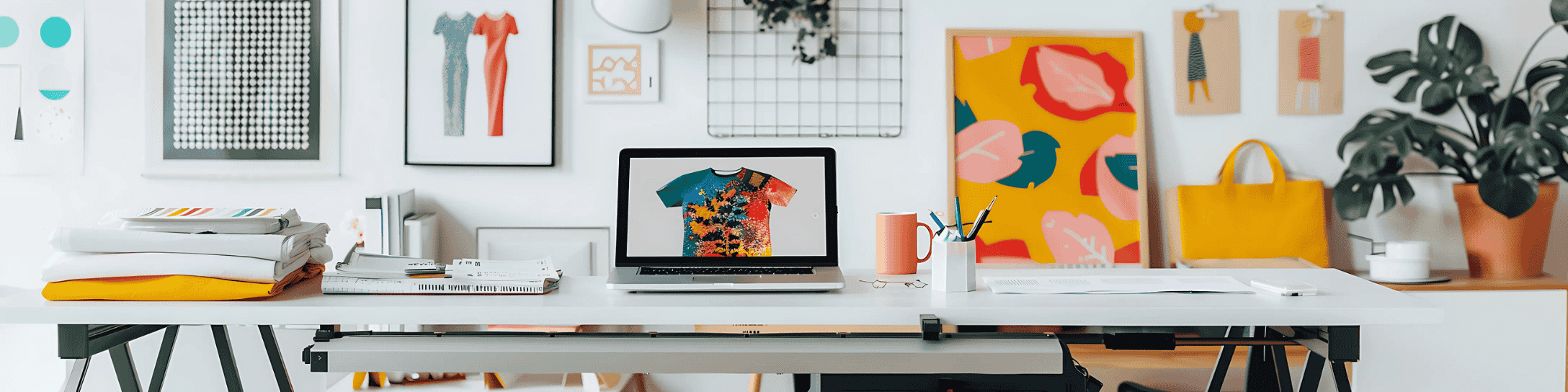 Modern office desk with laptop, books, and decorative items