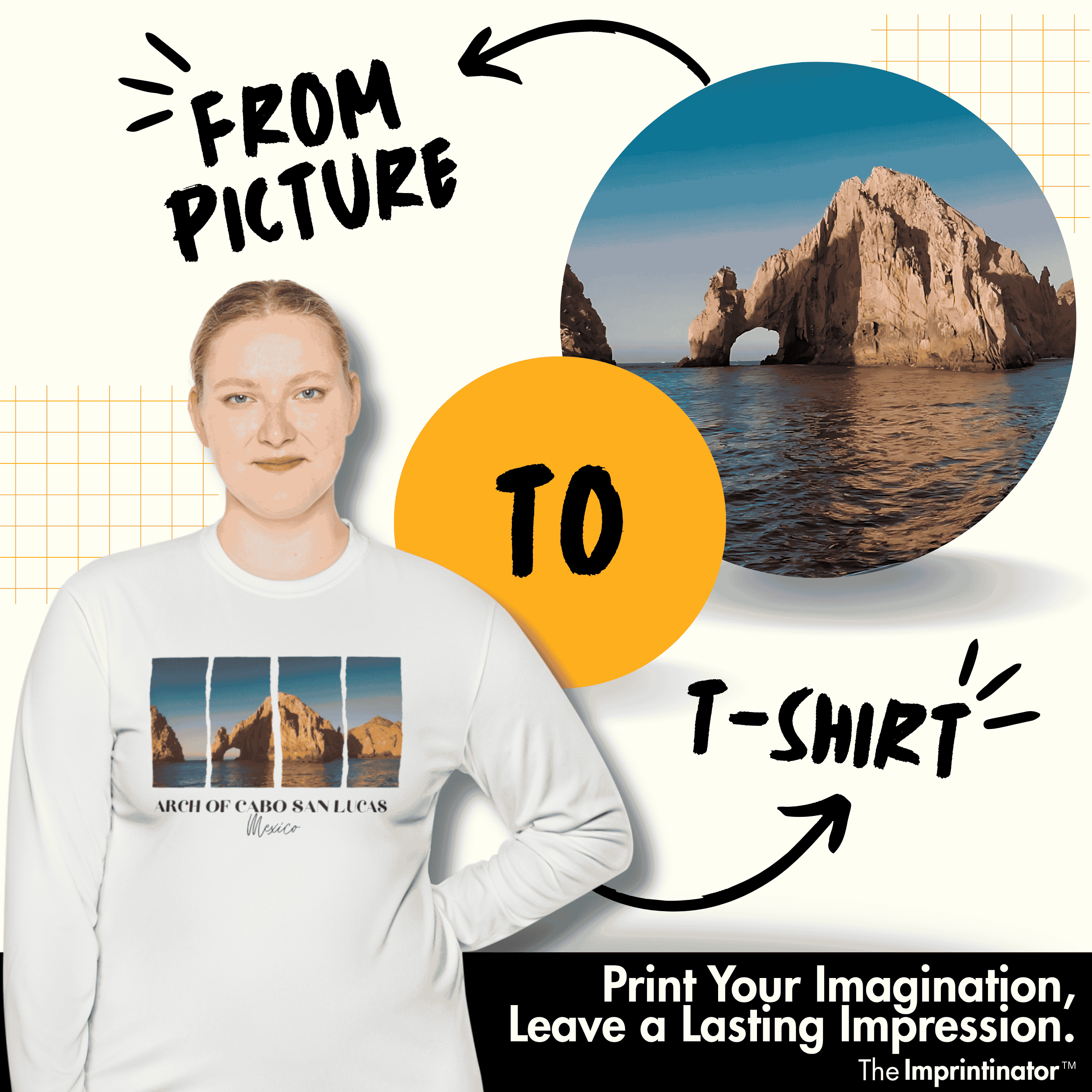 Person wearing a t-shirt with a scenic design of Cabo San Lucas, with text indicating a transformation from picture to t-shirt.