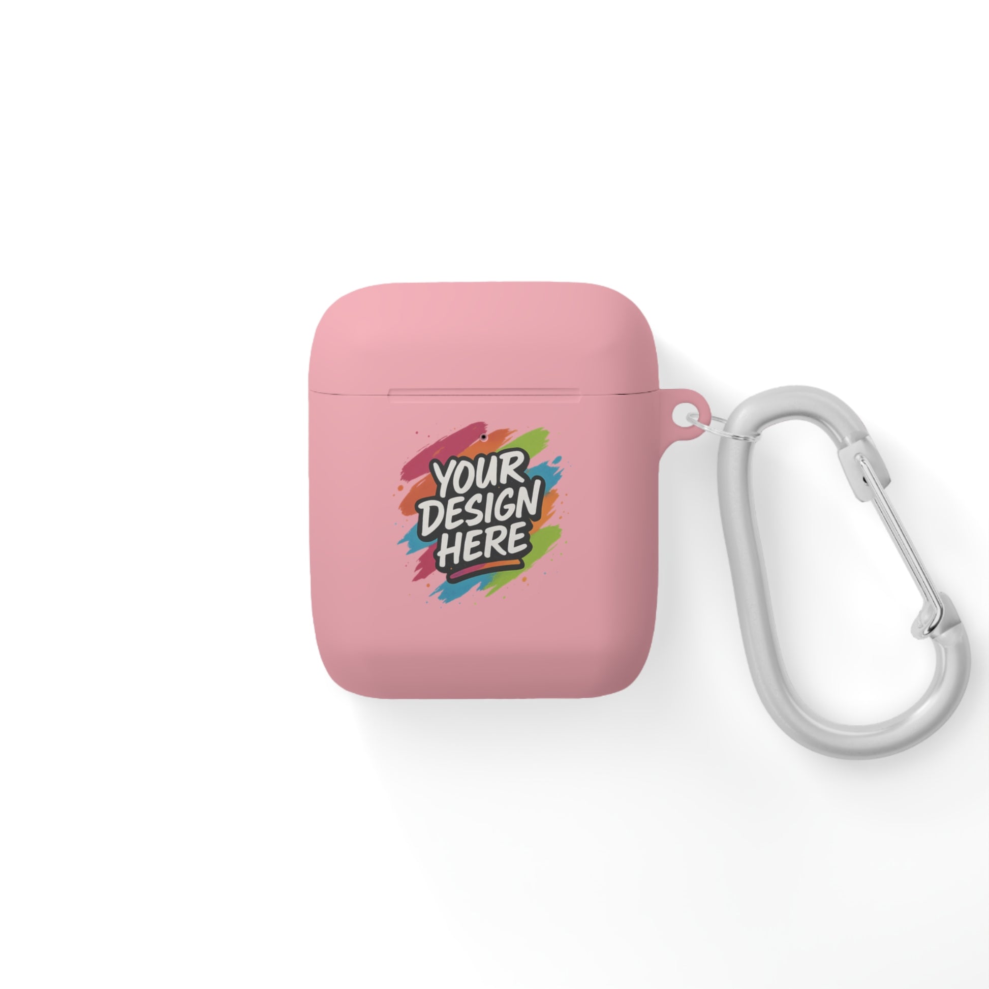 Pink airpod case with a carabiner on a white background