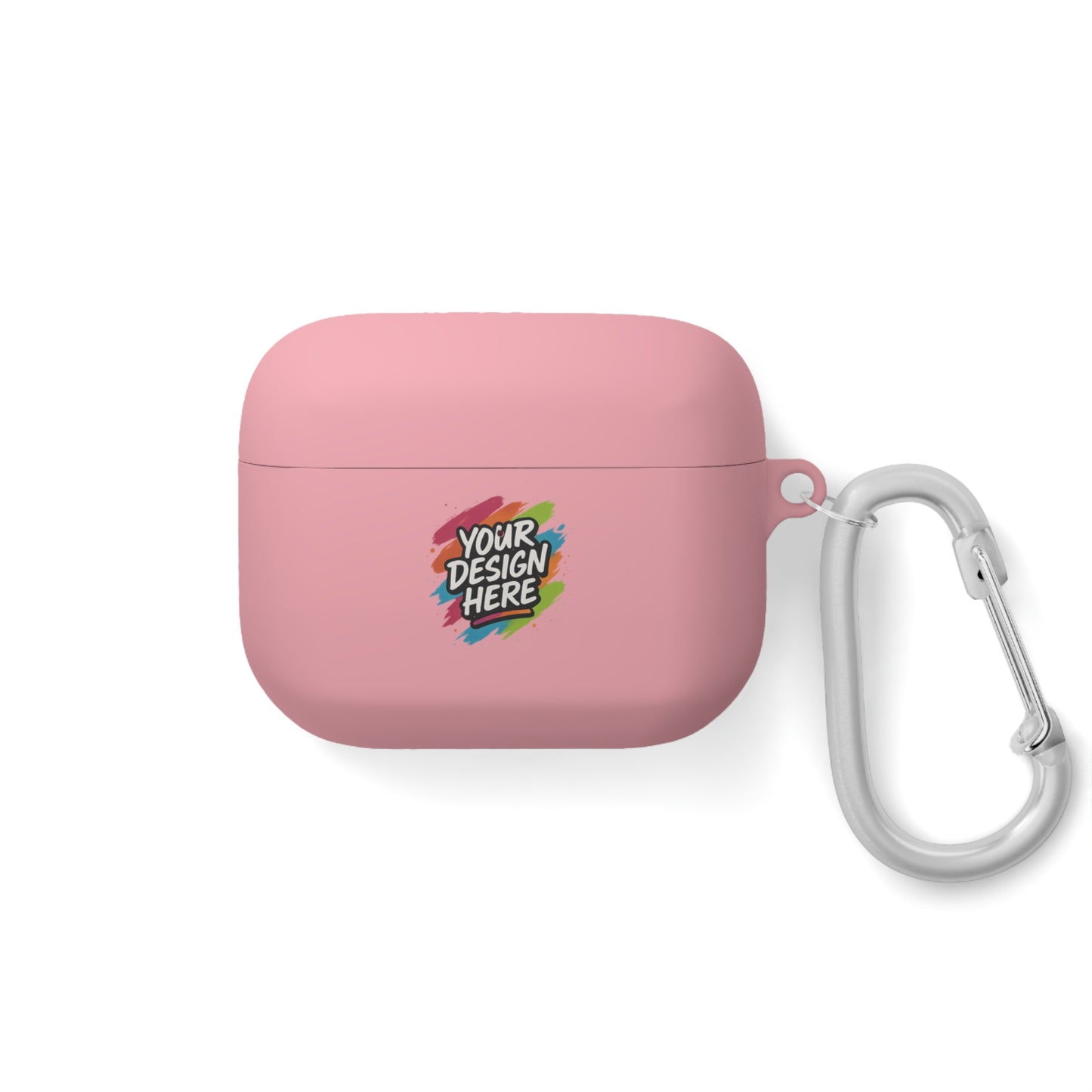 Pink airpod case with a carabiner on a white background