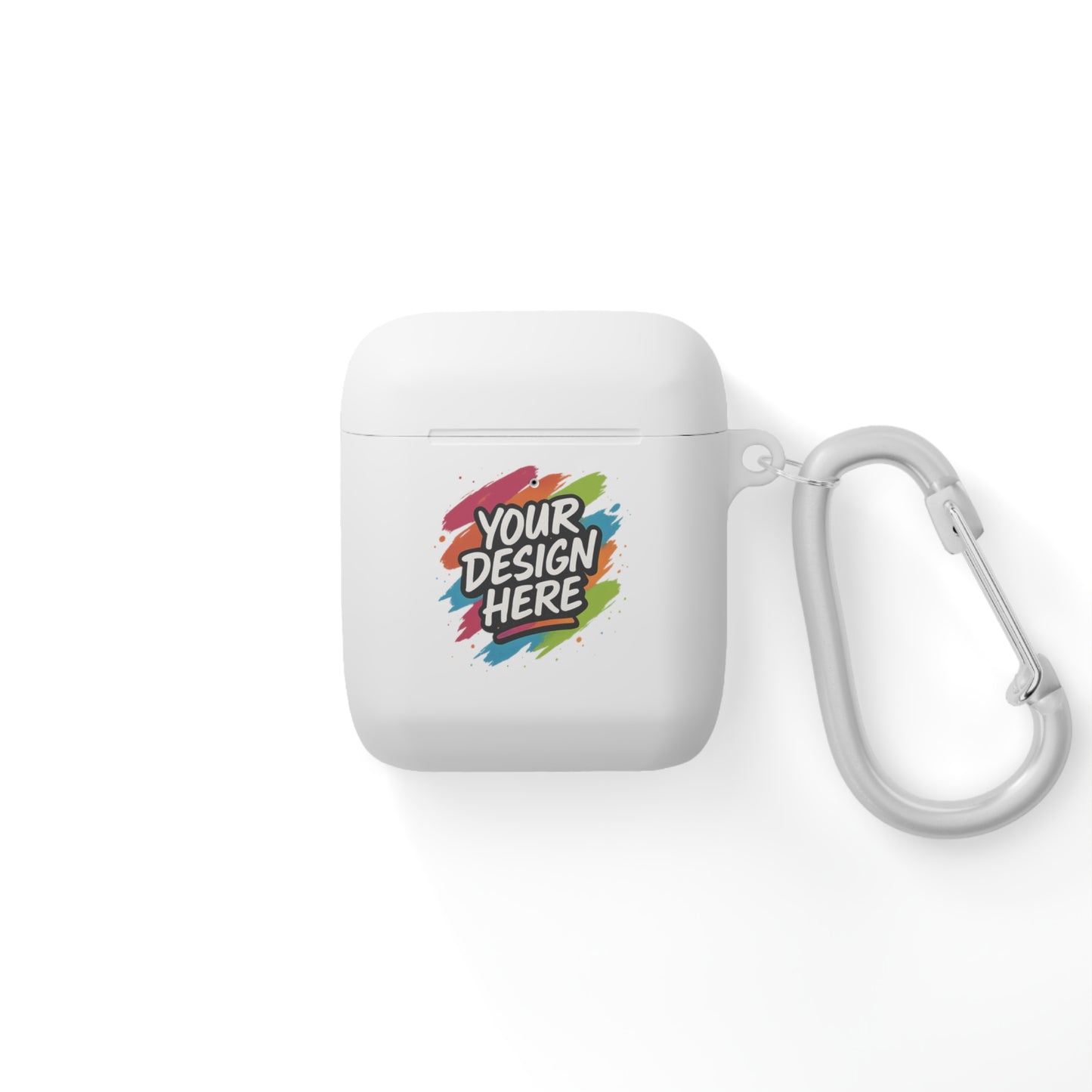 White airpod case with colorful design and carabiner on a white background
