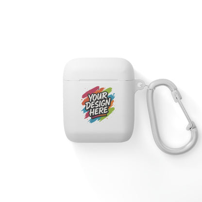 White airpod case with colorful design and carabiner on a white background