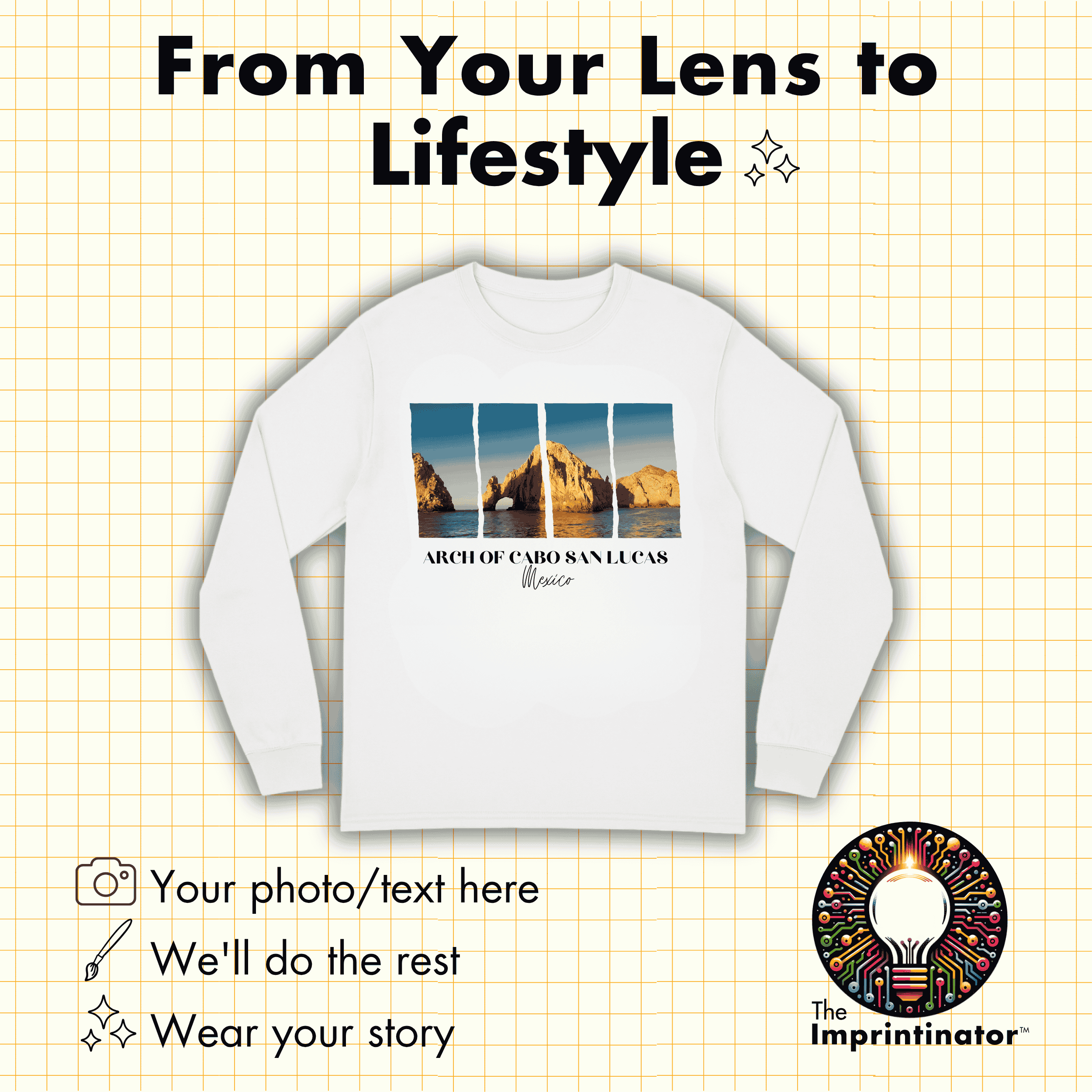 White long-sleeve shirt with a scenic print on a checkered background, featuring 'The Imprintinator' logo.