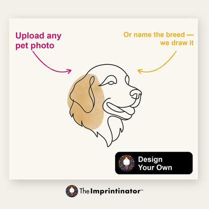 One-Line Pet Portrait template: a golden retriever drawn in one unbroken black line on cream paper, with callouts reading "Upload any pet photo" and "Or name the breed — we draw it", and a Design Your Own badge.