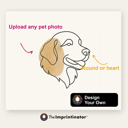 One-Line Pet Portrait template on cream paper with two callouts: upload any pet photo, round or heart — Design Your Own badge