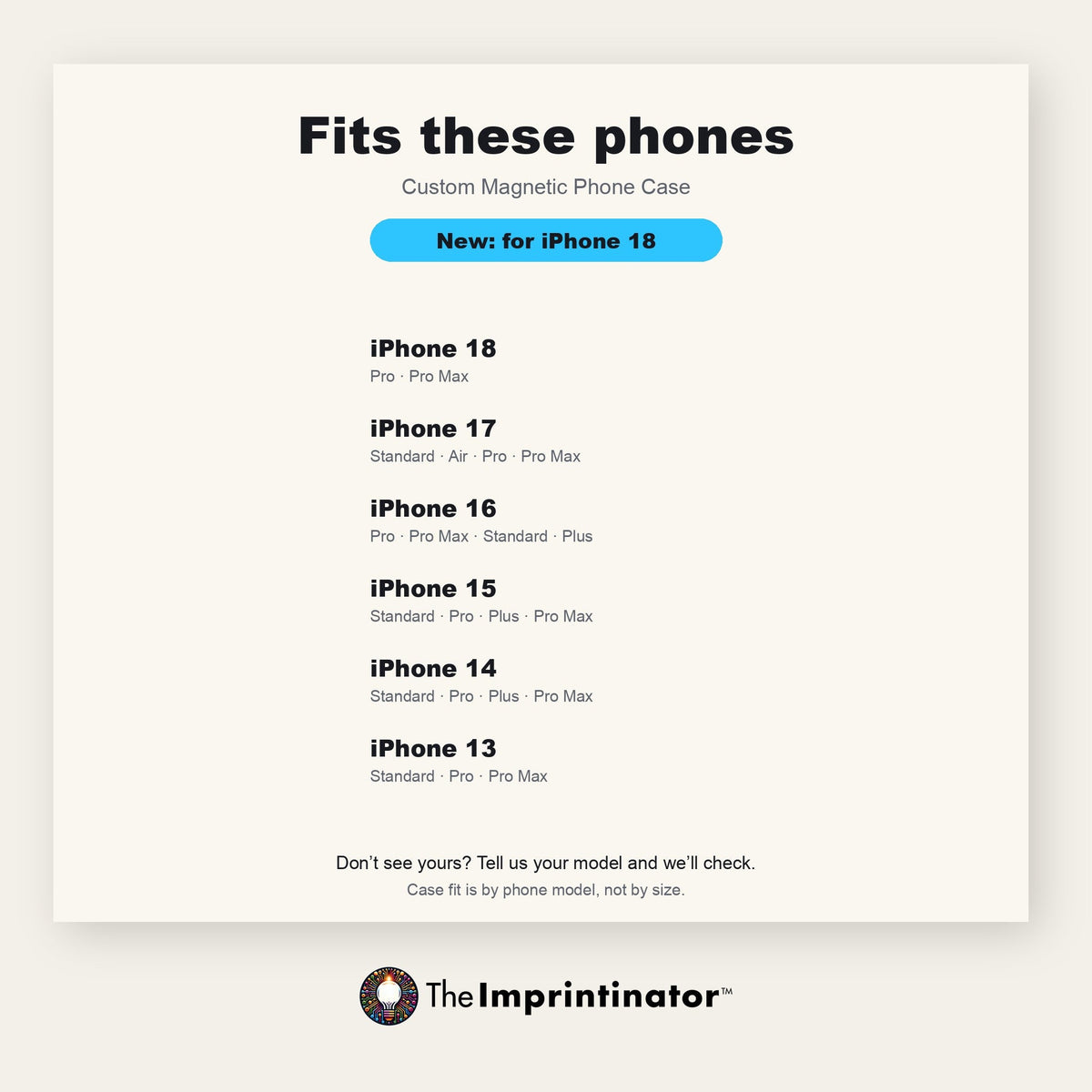 Custom Magnetic Phone Case — fits these phones: every phone model this case is made for, grouped by generation, iPhone 18 Pro and Pro Max included.