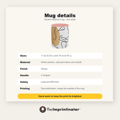 Mug details card: a photo of the accent ceramic mug beside a table listing the two sizes 11 oz (0.33 L) and 15 oz (0.44 L), white ceramic with a coloured interior and handle, glossy finish, C-shaped handle, lead and BPA-free, dye-sublimation printing that wraps the outside, and a note to hand wash to keep the print its brightest.