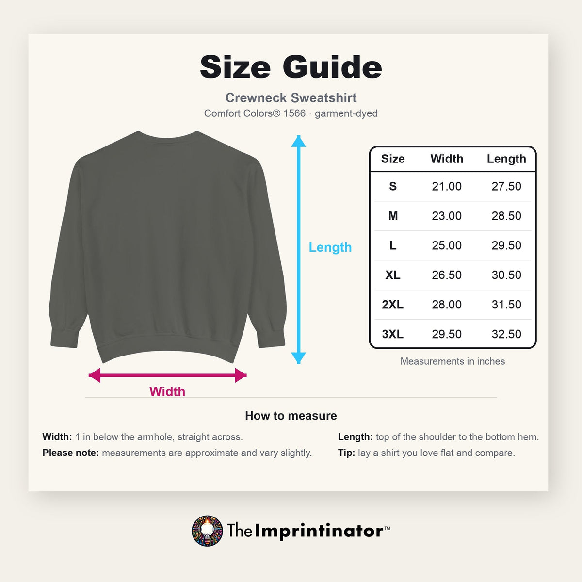 Crewneck Sweatshirt size guide — Comfort Colors® 1566: flat product photo with width and length arrows beside a table of measurements in inches for sizes S to 3XL, with how-to-measure notes.