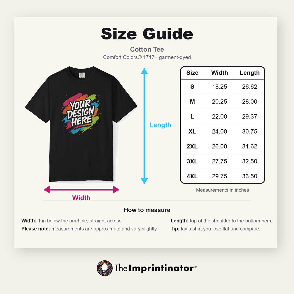 Cotton Tee size guide — Comfort Colors® 1717: flat product photo with width and length arrows beside a table of measurements in inches for sizes S to 4XL, with how-to-measure notes.