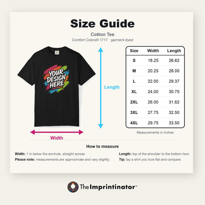Cotton Tee size guide — Comfort Colors® 1717: flat product photo with width and length arrows beside a table of measurements in inches for sizes S to 4XL, with how-to-measure notes.