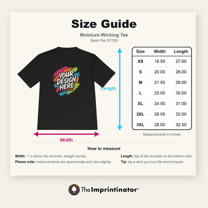 Moisture-Wicking Tee size guide — Sport-Tek ST350: flat product photo with width and length arrows beside a table of measurements in inches for sizes XS to 3XL, with how-to-measure notes.
