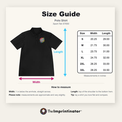 Polo Shirt size guide — Sport-Tek ST650: flat product photo with width and length arrows beside a table of measurements in inches for sizes S to 3XL, with how-to-measure notes.
