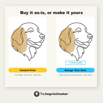 Buy it as-is or make it yours: the same one-line pet portrait shown twice, tagged Instant Print on the left and Design Your Own on the right with a "+ your name" line added.