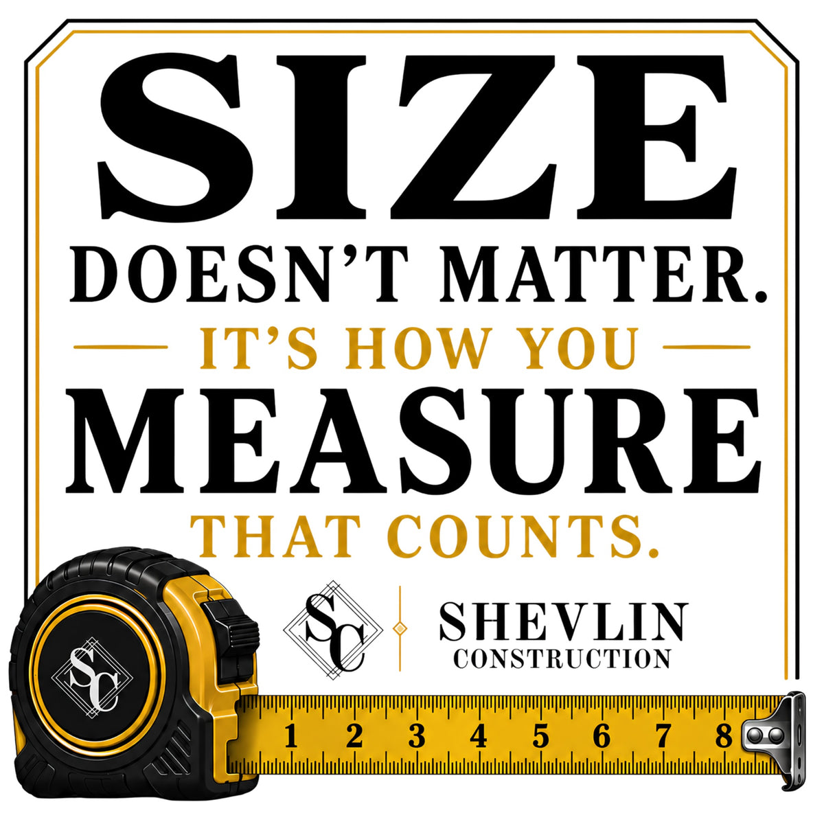 Shevlin Construction die-cut sticker — Size Doesn't Matter, It's How You Measure That Counts, with tape measure in black and gold